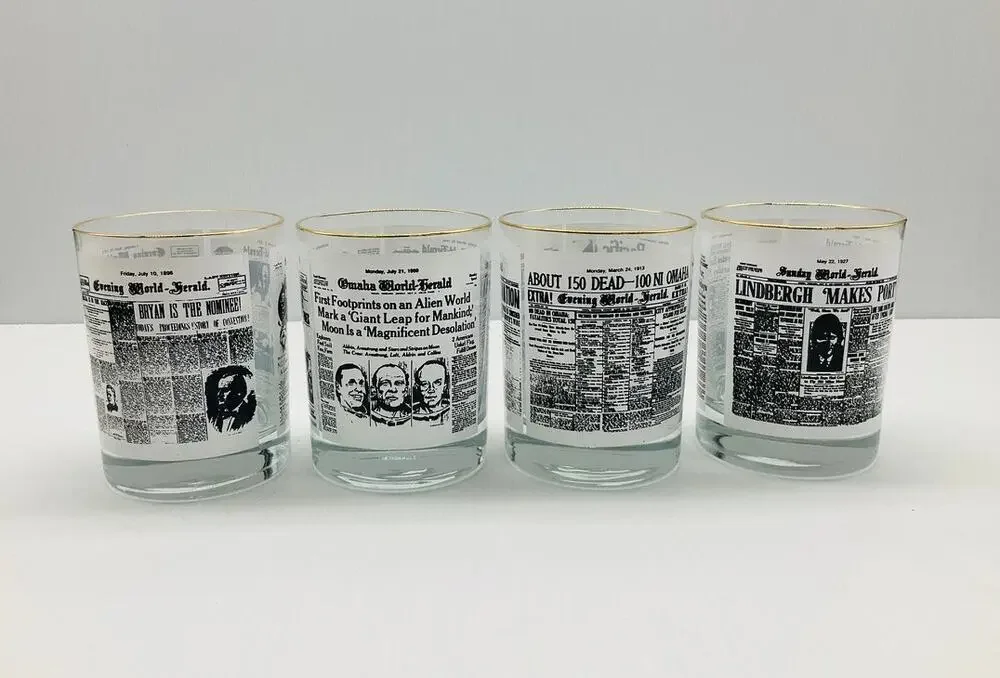 Vintage Omaha World Herald Historic Headlines Whiskey Glasses Set of 4 Gold Rim